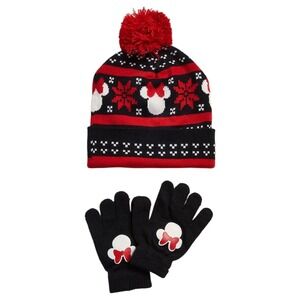 Disney Minnie Mouse Kids Beanie Hat & Gloves Set Fair Isle Red Black
